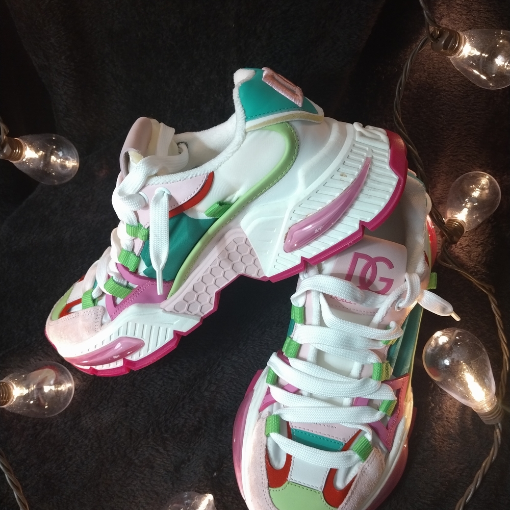 Dolce & Gabbana White Sneakers with Pink, Green & Teal Accents